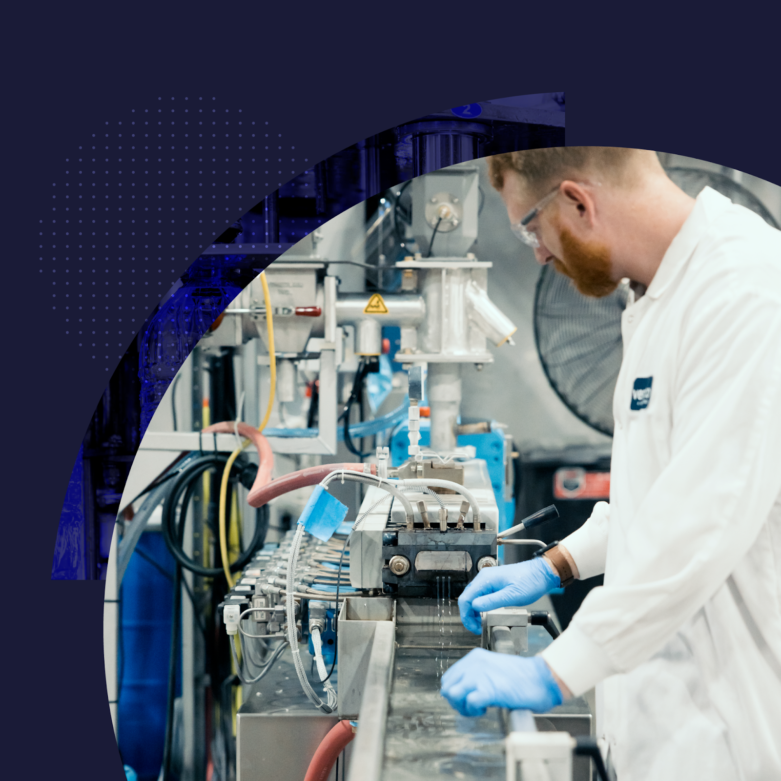 Multiple rPET bottles and jars arranged in rows on a white surface with a scientist observing the process in a lab setting